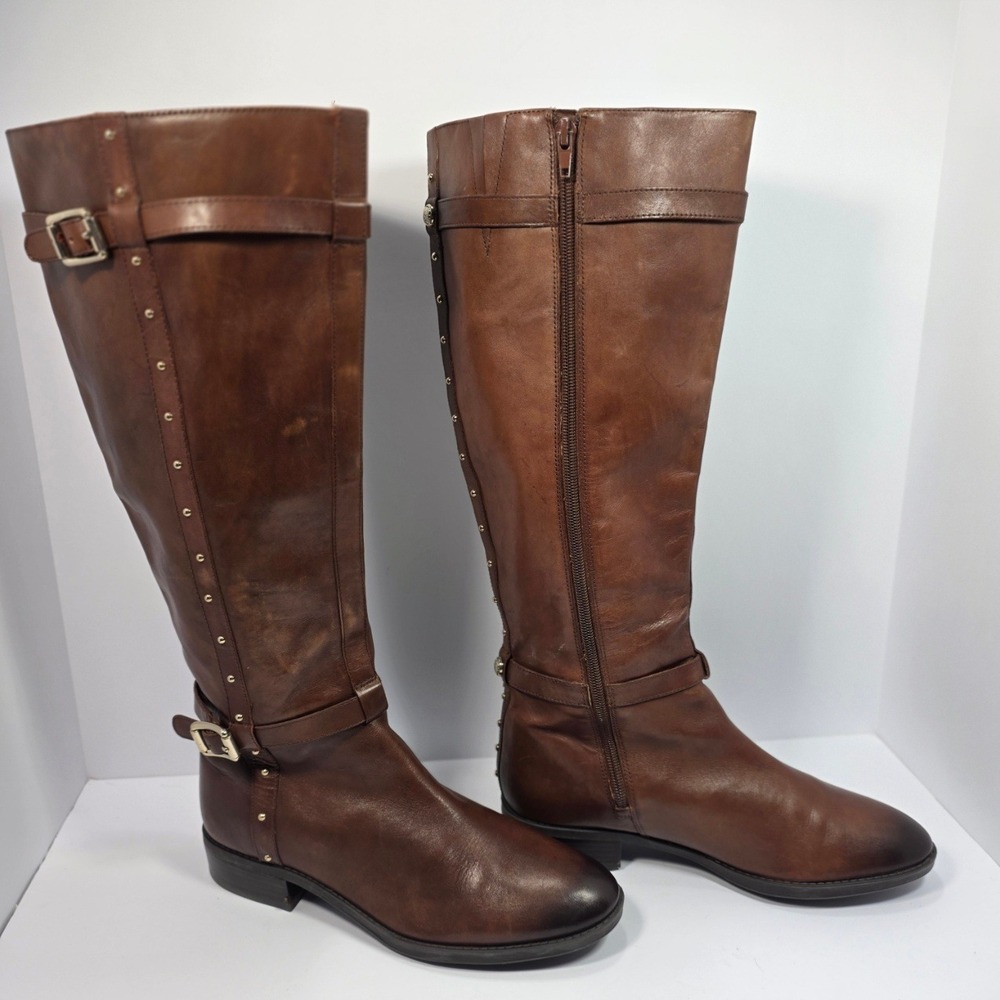 Vince Camuto Prexlee Riding Boots 8.5M Brown Leather Studded Tall Equestrian Y2K - Picture 5 of 9